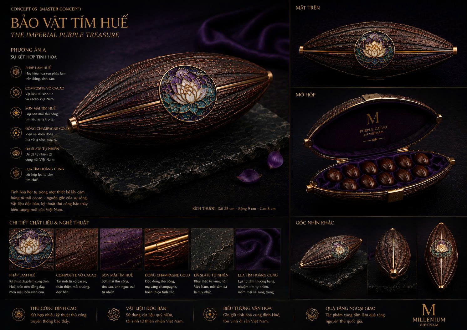 Bảo Vật Tím Huế — hộp quà hình trái cacao với huy hiệu hoa sen Pháp lam Huế, sơn mài tím, đồng champagne gold, lụa tơ tằm hoàng cung