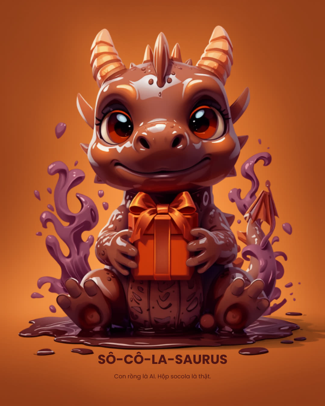 Mascot Sô-cô-la-saurus — rồng socola ôm hộp quà